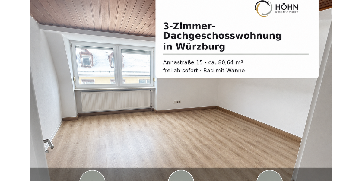 Etagenwohnung Würzburg Sanderau - 3 Zimmer, 81 m&sup2;, 850&euro; | Angebot:27074247
